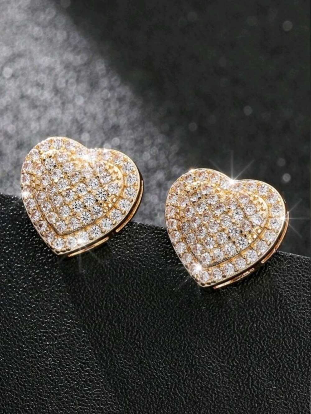 NEW! 18K Gold Plated Heart Pavé Diamond Stud Earrings - Women Jewelry